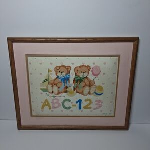 Dimensions Teddy Bear ABC 123 Completed and Framed‎ Cross Stitch Vintage 1988